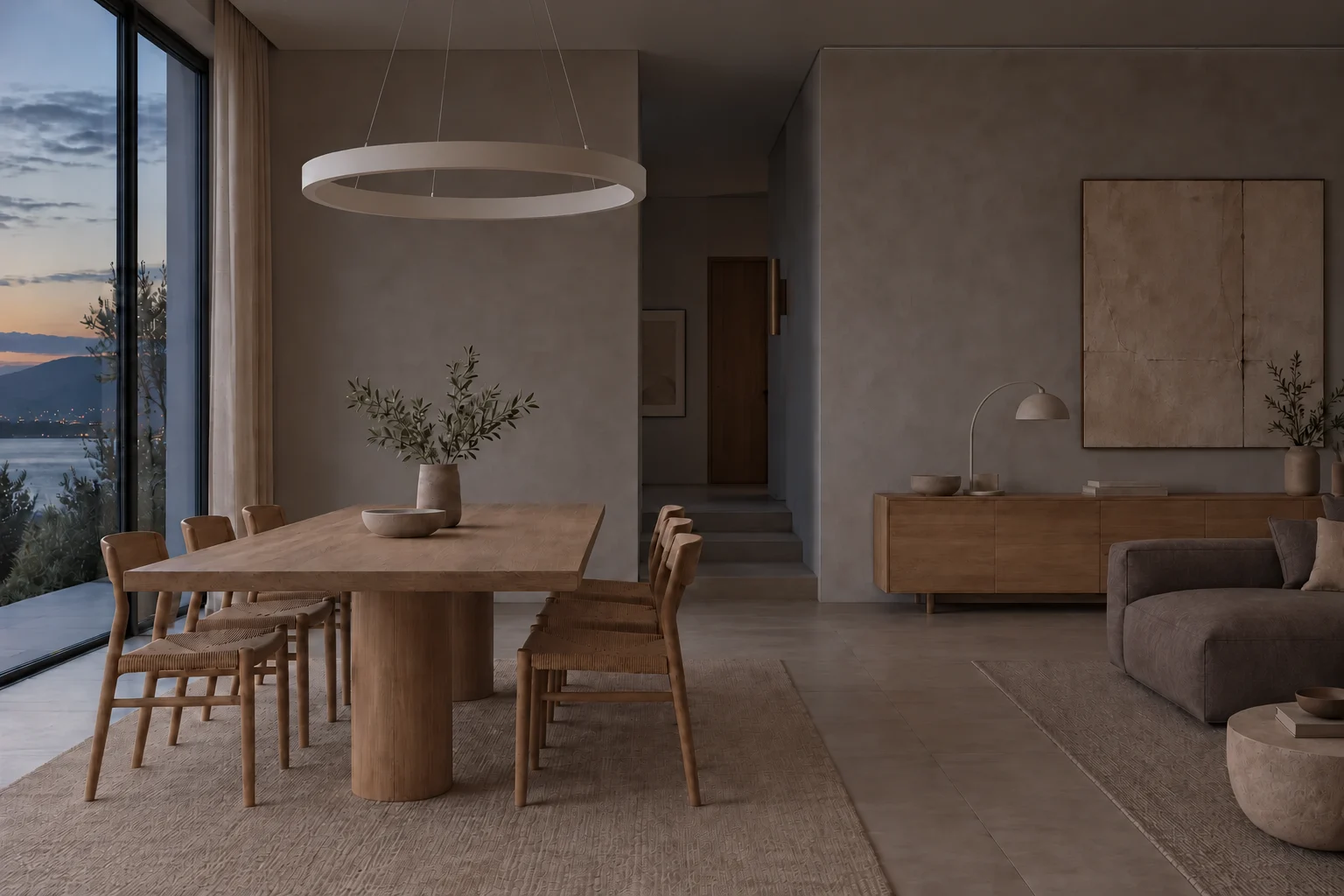 Living room with pendant, table and hallway lights, a ceiling light strip and curtain – fictional lighting scene